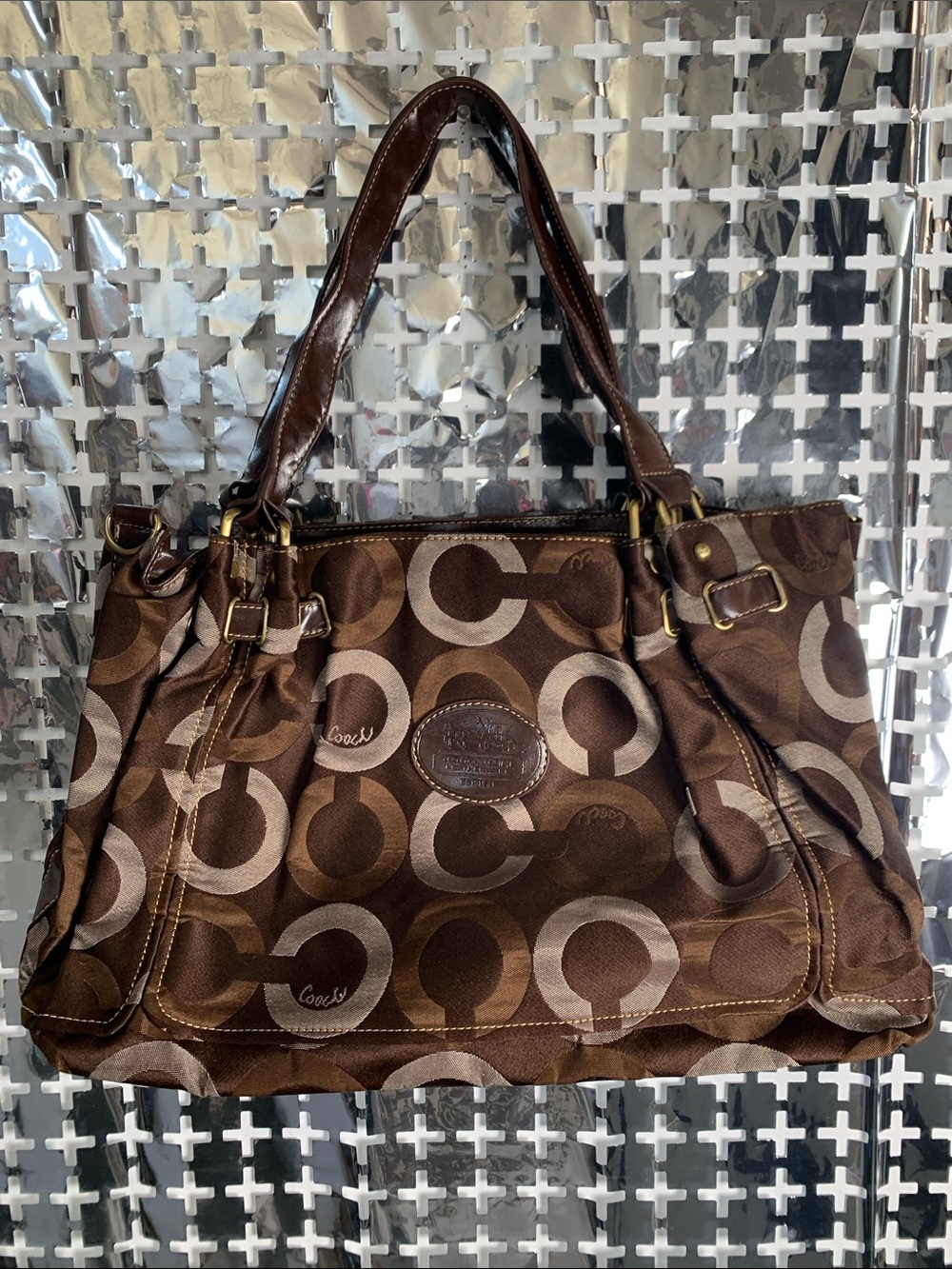 Coach Brown Signature 'C' Pattern Shoulder Bag with Gold Hardware